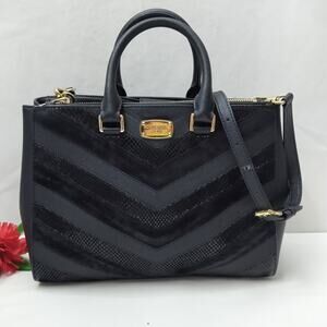 Michael Kors Black Leather Chevron Double Handles Satchel Shoulder Bag